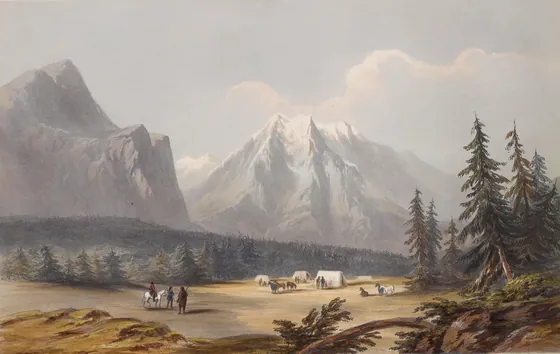A hand-coloured view of the Rocky Mountains by Henry J. Warre